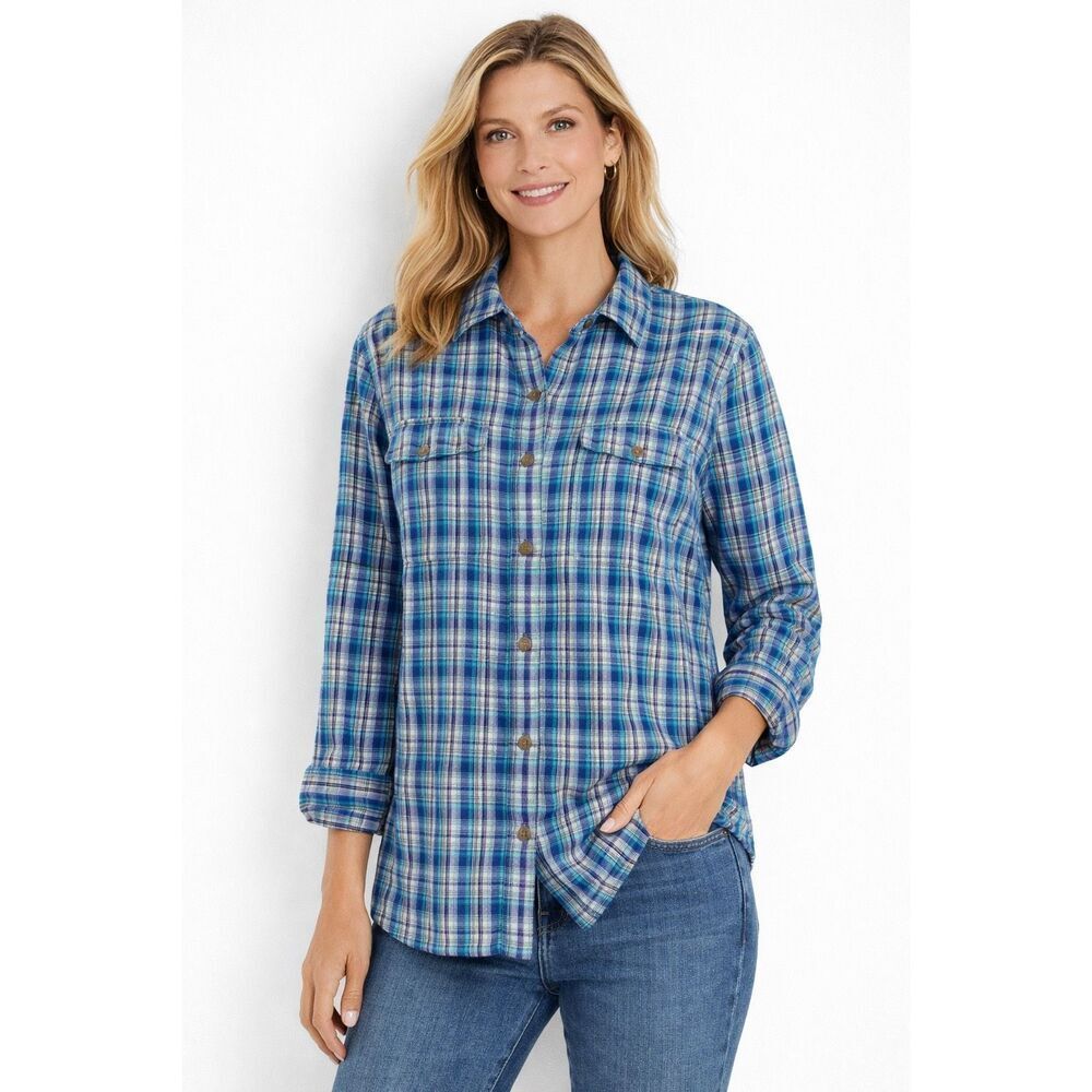 Carhartt for Women Plaid Flannel‎ Shirt XL 16/18 Blue Teal 100% Cotton